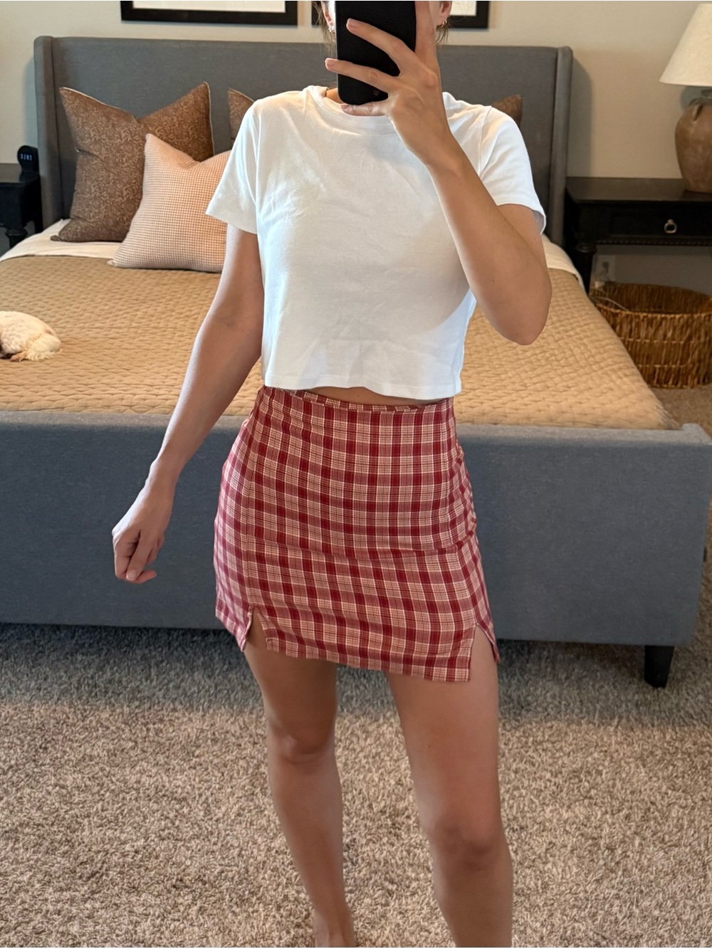 Red Plaid Mini Skirt with Front Slits
